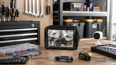 工具やガレージ用品の盗難対策として、倉庫や作業台で使える小型カメラ収納アイデアを解説する記事用イメージ。工具、見守りカメラ、マジックミラー仕様ポーチを整理して配置