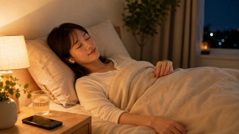 夜の寝室で女性がイヤホンを使い、スマートフォンの画面を見ずにAudibleのオーディオブックを聴くイメージ