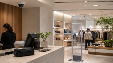 施設・店舗で注意したい不審な行動と防犯対策を解説する記事用イメージ。店舗のレジ、売り場、防犯カメラ、盗難防止ゲート、収納ポーチを配置した店内写真。