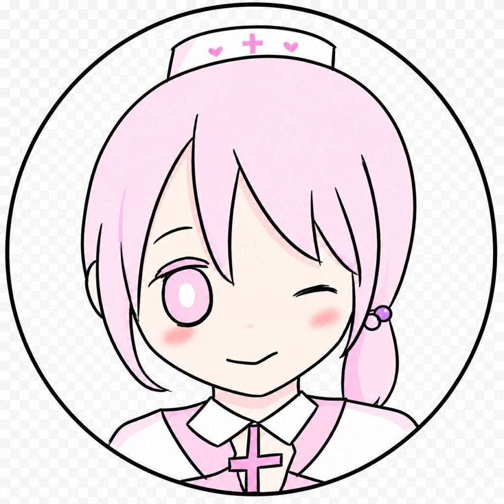ウインクしたピンク髪のナース風キャラクターを、黒い円枠の中に顔中心で配置した丸型アバター画像 ライフチェンジ専門屋イメージキャラクター
