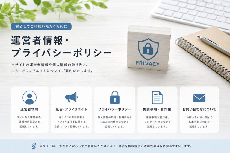 運営者情報・広告・プライバシーポリシー・免責事項・お問い合わせ方針を案内するサイト用イメージ画像