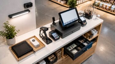 店舗のレジ周り防犯対策として、小型カメラ、センサーライト、決済端末、現金管理用の収納、小型カメラ収納ポーチを配置したレジカウンターのイメージ写真