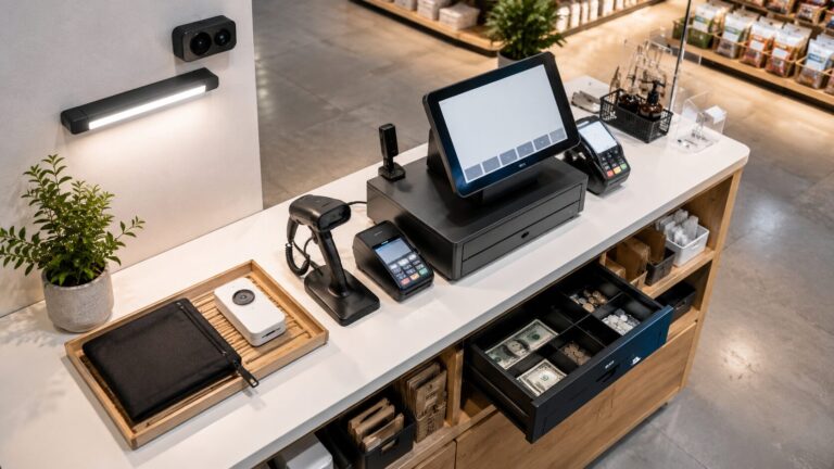 店舗のレジ周り防犯対策として、小型カメラ、センサーライト、決済端末、現金管理用の収納、小型カメラ収納ポーチを配置したレジカウンターのイメージ写真