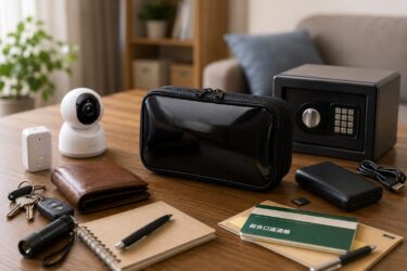 家の中の物がなくなるときの確認方法を解説する記事用イメージ。室内の机に小型カメラ、鍵、財布、小型金庫、モバイルバッテリー、マジックミラー仕様ポーチを配置