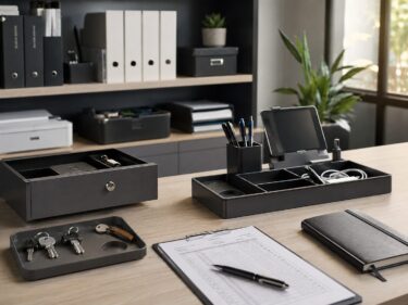 事務所の備品紛失対策を解説する記事用イメージ。オフィスデスクに鍵付き収納、鍵、タブレット、充電ケーブル、文房具、備品管理表を整理して配置した写真。