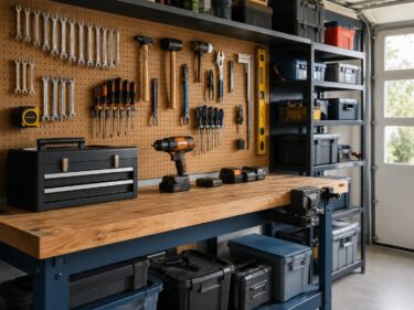 ガレージの工具盗難対策を解説する記事用イメージ。作業台に電動工具、工具箱、交換用バッテリーを置き、壁面収納にレンチやドライバー類を整理したガレージ内の写真。
