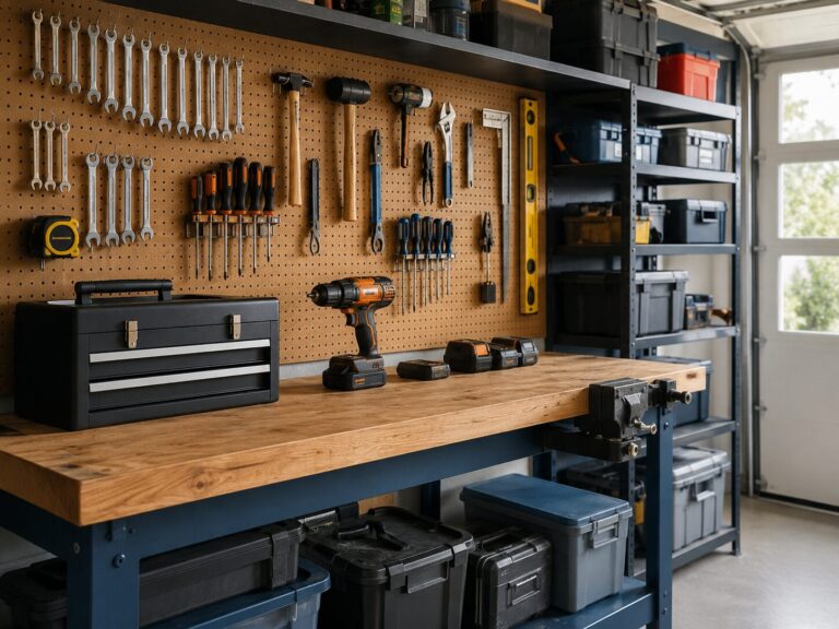 ガレージの工具盗難対策を解説する記事用イメージ。作業台に電動工具、工具箱、交換用バッテリーを置き、壁面収納にレンチやドライバー類を整理したガレージ内の写真。